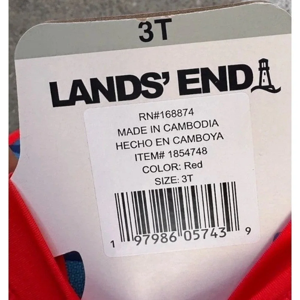 Lands' End 3 Piece Swim Set‎ Rash-Guard Trunks Boy's Size 3T Red Shark Print